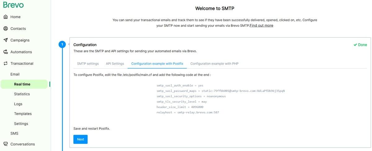 Brevo email marketing platform interface showing SMTP configuration options